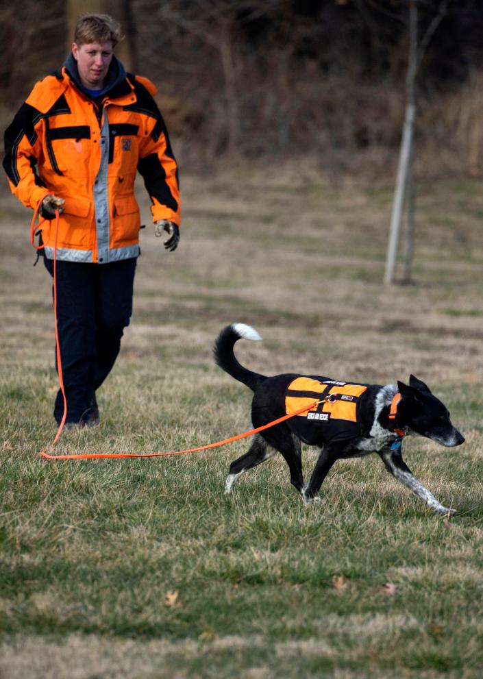 Dogs and their handlers perform live find and human remains search and rescue exercises with SOCS, Southern Ohio Canine Search and Rescue at Yochtangee Park Annex on Feb. 2, 2023 in Chillicothe, Ohio.