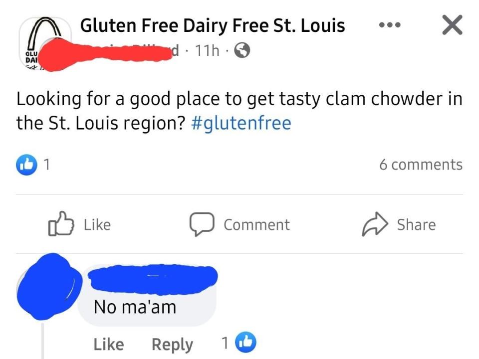 person responding no ma'am to a food quesettion