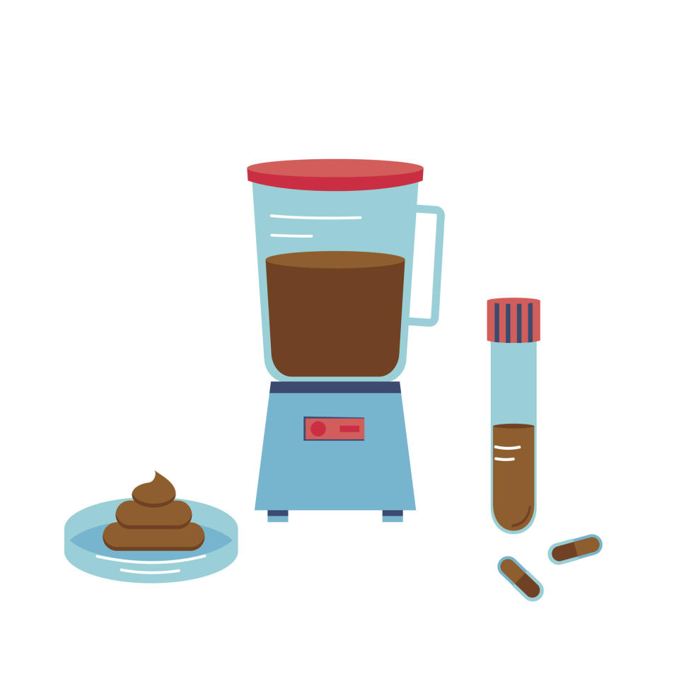 Illustration of a blender with brown liquid, a petri dish with a poop emoji, a test tube with brown liquid, and two capsules
