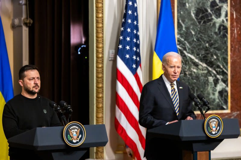 U.S. President Joe Biden and Ukrainian President Volodymyr Zelensky speak to the media in Washington on Tuesday. Photo by Julia Nikhinson/UPI