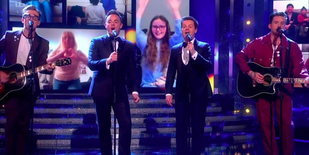 ant and dec's saturday night takeaway finale, with ant and dec singing on stage with mcfly's tom fletcher and danny jones
