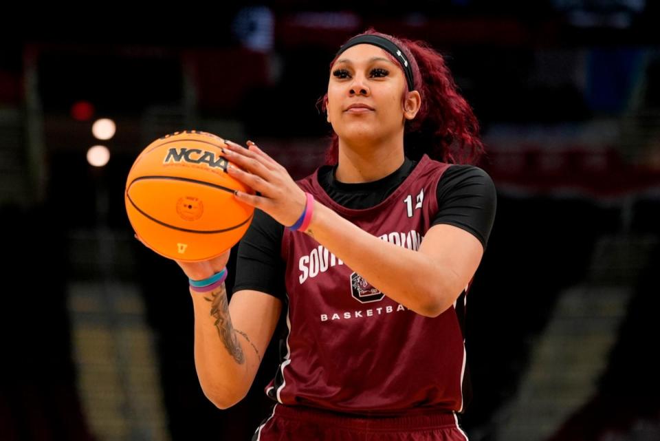 PHOTO: South Carolina's Kamilla Cardoso shoots during a practice for an NCAA Women's Final Four semifinals basketball game, April 4, 2024, in Cleveland. (Morry Gash/AP)