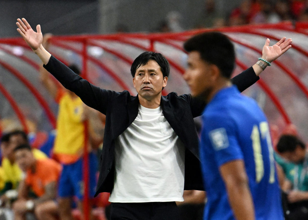 Singapore coach Takayuki Nishigaya during their 2026 World Cup qualifying match against Thailand at the National Stadium.