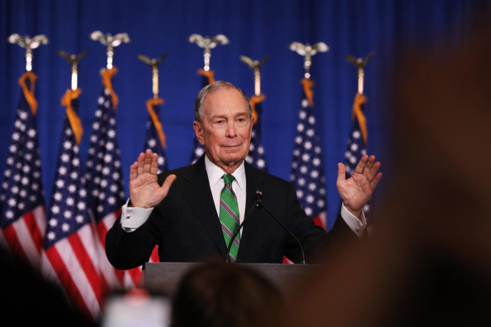 NEW YORK, NEW YORK - MARCH 04: Former Democratic presidential candidate Mike Bloomberg addresses his staff and the media after announcing that he will be ending his campaign on March 04, 2020 in New York City. Bloomberg, who has endorsed Joe Biden, spent millions of dollars in his short lived campaign for president. (Photo by Spencer Platt/Getty Images)