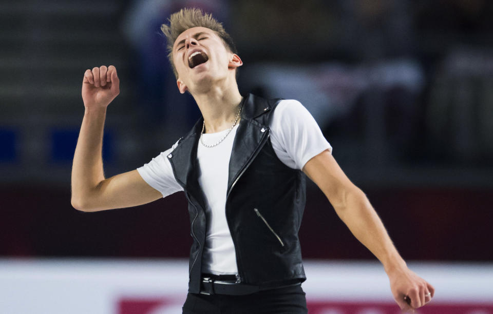 Michal Brezina, of the Czech Republic, competes in the men's free skate at figure skating's Grand Prix Final in Vancouver, British Columbia, Friday, Dec. 7, 2018. (Jonathan Hayward/The Canadian Press via AP)