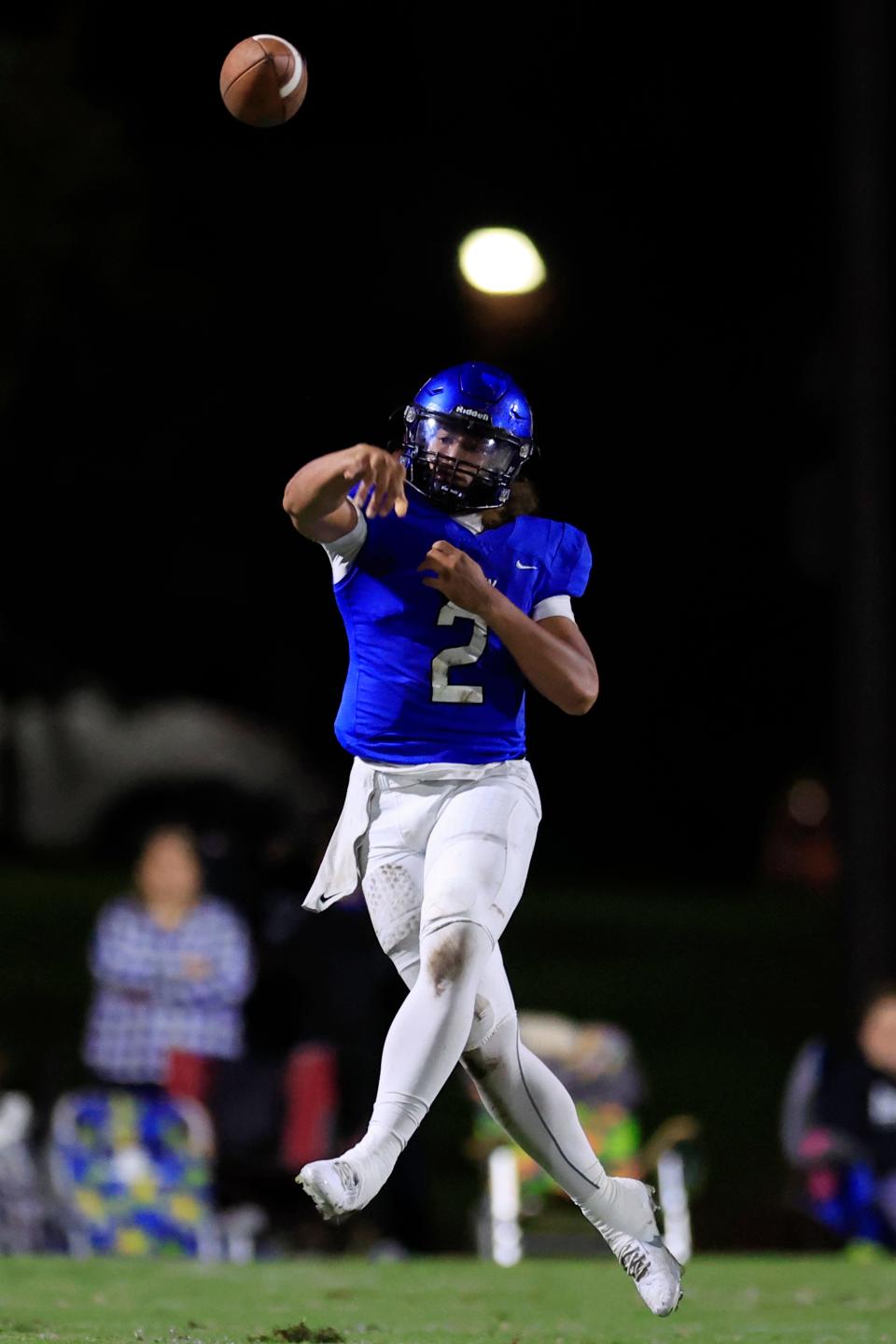 Trinity Christian's Colin Hurley (2) throws the ball during the first quarter of an FHSAA Region 1-1M high school football playoff matchup Friday, Nov. 24, 2023 at Trinity Christian Academy in Jacksonville, Fla. The Trinity Christian Academy Conquerors defeated the Orlando Prep Warriors 48-20 and advance to the state semifinal. [Corey Perrine/Florida Times-Union]