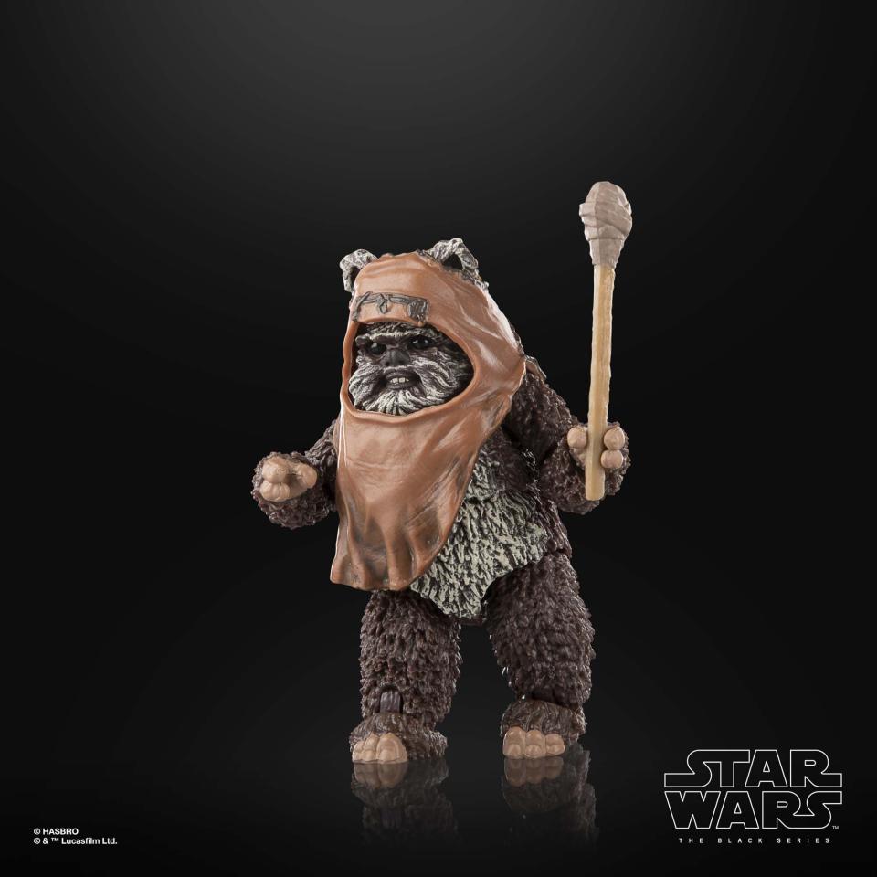 Star Wars The Black Series Wicket action figure posed against a black background