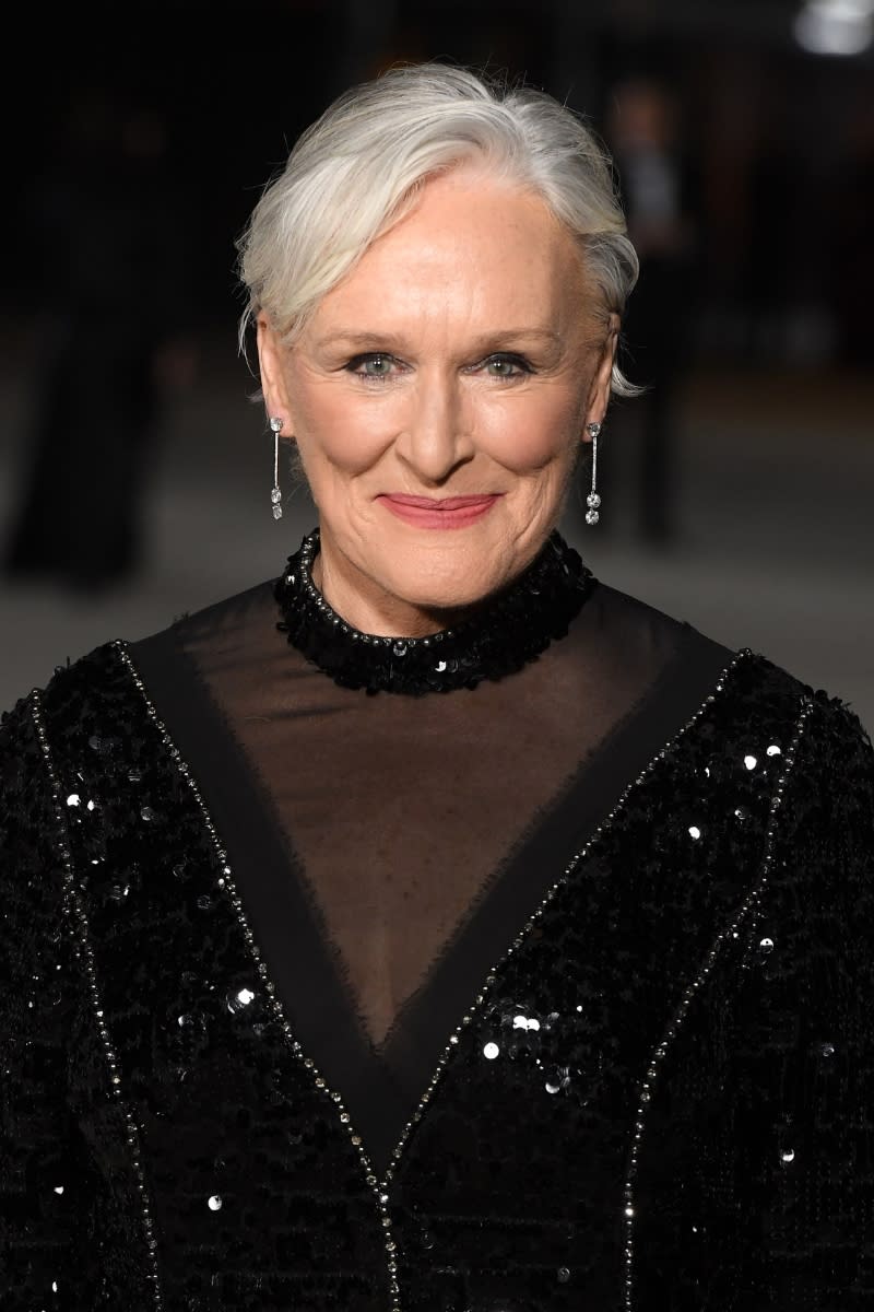 <p> Glenn Close is another A-lister who is synonymous with having cool, white-grey hair and is a great source of inspiration if you have a short bob or pixie-cut look. Here, Glenn has opted for soft waves to accentuate her silver ends and we can't help but notice the silver sheen her hair has - which can be achieve with products like the best hair masks and radiance-boosting serums. </p> <p> If you're looking to recreate this shade or white-grey, the best purple shampoos can work wonders with brassy blondes but your hairdresser will be able to advise you on the best treatments for achieving this particular shade. </p>