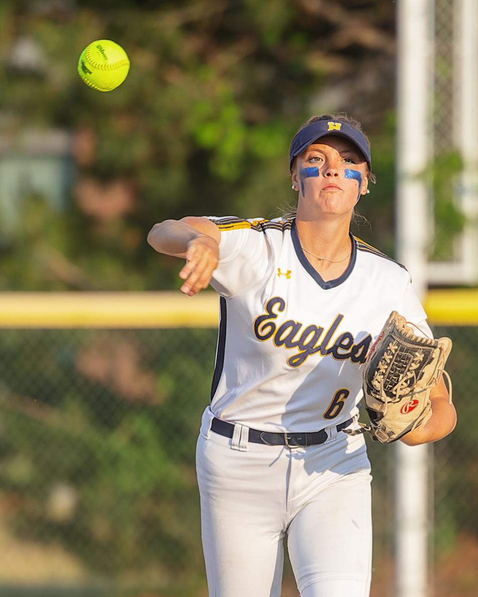 Hartland shortstop Jaylen Nokovich fire the ball across the diamond during a 3-0 victory over Grosse Pointe North in the state quarterfinals Wednesday, June 14, 2023 at Wayne State University.