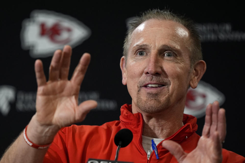 Kansas City Chiefs defensive coordinator Steve Spagnuolo talks to the media before the team's NFL football practice Friday, Feb. 2, 2024 in Kansas City, Mo. The Chiefs will play the San Francisco 49ers in Super Bowl 58. (AP Photo/Charlie Riedel)