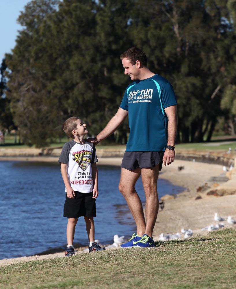 Telethon Little Ambassador Scott Guerini and Seven Perth reporter Blake Johnson are supporting Telethon in the HBF Run for a Reason. Picture: Gerald Moscarda.