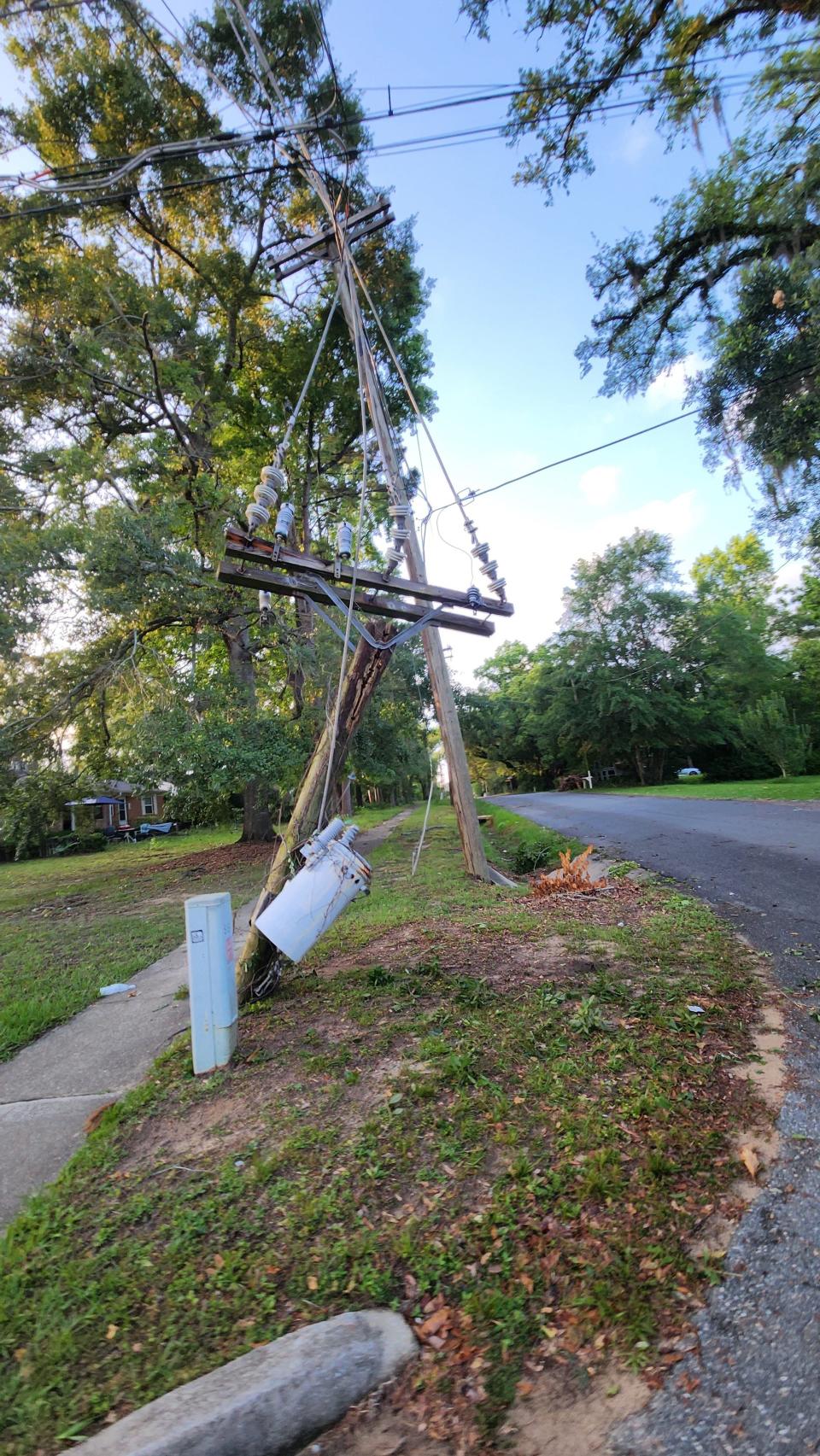 Power pole snapped on Hays Street off Magnolia Drive after storms Friday, May 10, 2024.