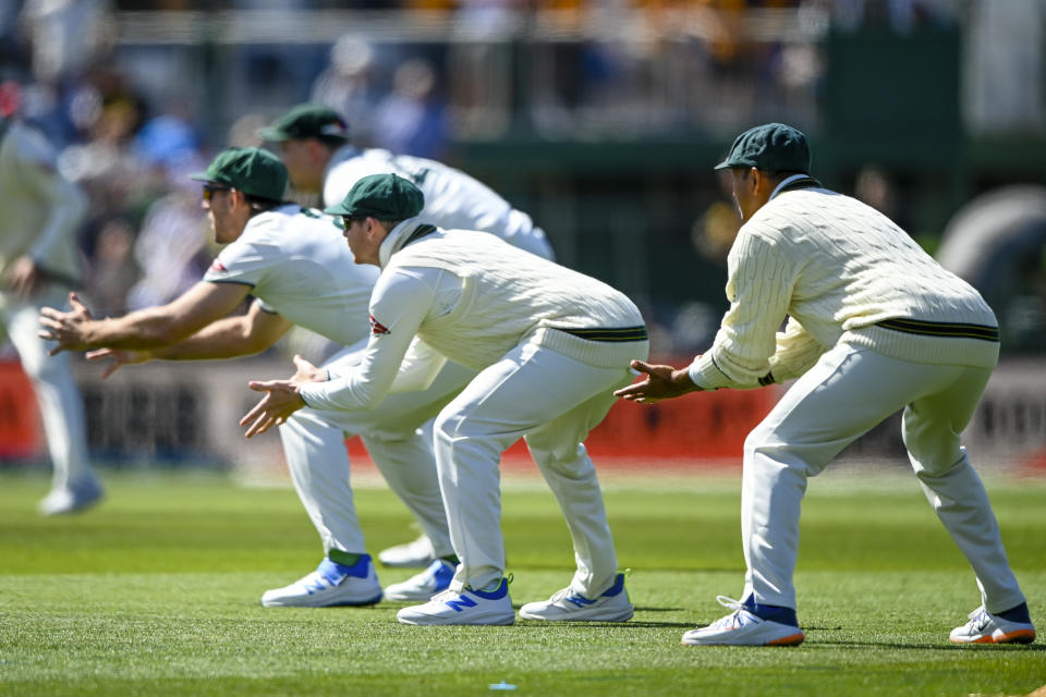 Australian slip fielders wait for a catch during play on day one for the second cricket test between New Zealand and Australia in Christchurch, New Zealand, Friday March 8, 2024. (John Davidson/Photosport via AP)