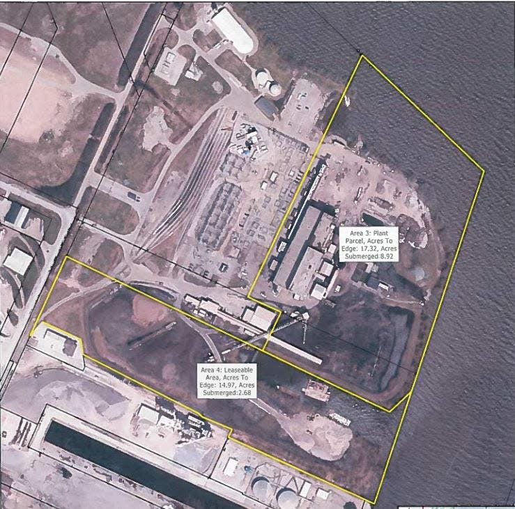 An overhead image of the Pulliam Power Plant property. The land Brown County bought from Wisconsin Public Service is highlighted in yellow.