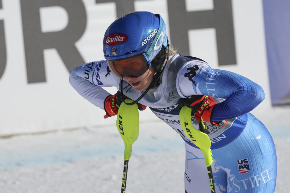 United States' Mikaela Shiffrin reacts after failing to complete the slalom portion of an alpine ski, women's World Championship combined race, in Meribel, France, Monday, Feb. 6, 2023. (AP Photo/Marco Trovati)