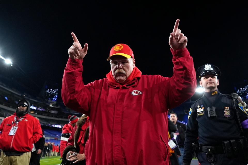 Kansas City Chiefs head coach Andy Reid gestures as he walks off the field after defeating the Baltimore Ravens in the AFC Championship NFL football game, Sunday, Jan. 28, 2024, in Baltimore.