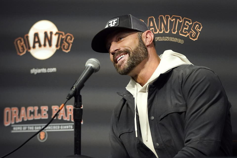 San Francisco Giants manager Gabe Kapler speaks at a season-ending news conference in San Francisco, Monday, Oct. 18, 2021. (AP Photo/Jeff Chiu)