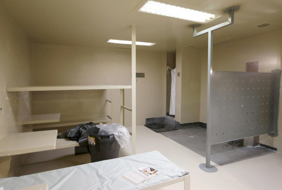 FILE - This July 22, 2015 file photo shows the Waller County jail cell in Hempstead, Texas, where Sandra Bland was found dead. In Texas, the Sandra Bland Act became law in 2017, mandating mental health training for law enforcement and making it easier for those arrested to receive a personal bond if they have a mental illness or substance abuse problem. Bland killed herself after being jailed for a minor traffic violation. (AP Photo/Pat Sullivan, File)