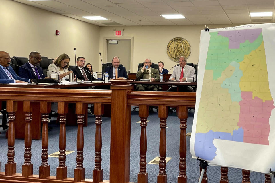 An Alabama Senate committee discusses a proposal to draw new congressional district lines on July 20, 2023, in Montgomery, Ala.  / Credit: Kim Chandler / AP