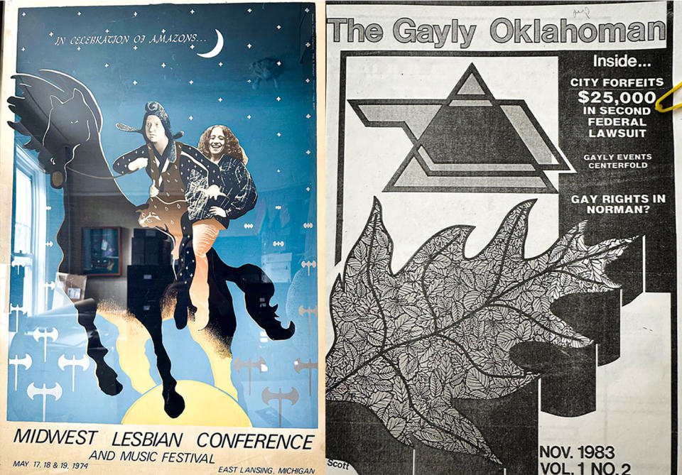 A music festival poster and an Oklahoma LGBTQ magazine found among the items at the Lesbian Herstory Archives in Brooklyn, N.Y. (Brooke Sopelsa / NBC News)