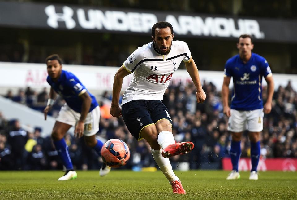 Tottenham Hotspur's Andros Townsend shoots and scores a penalty against Leicester City during their FA Cup fourth round soccer match at White Hart Lane in London, January 24, 2015. REUTERS/Dylan Martinez (BRITAIN - Tags: SPORT SOCCER)