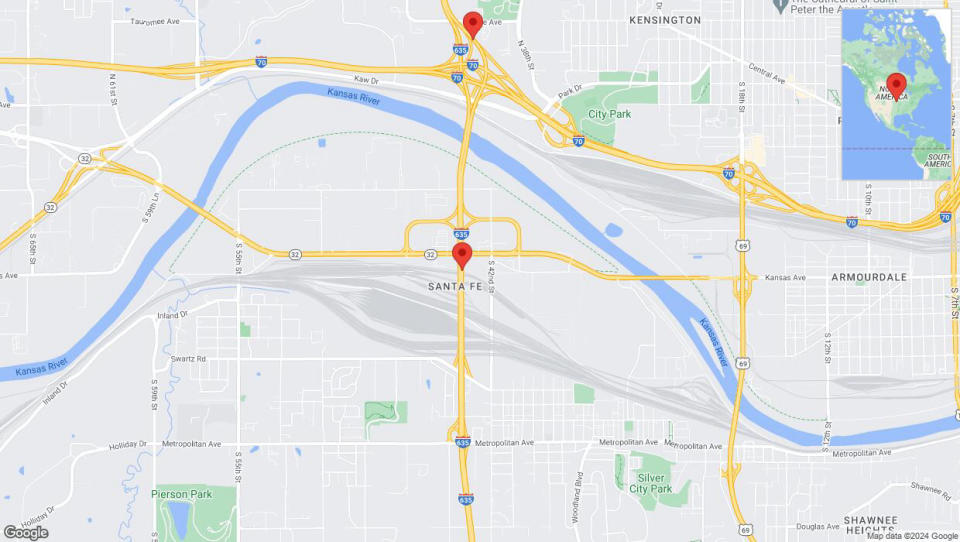 A detailed map that shows the affected road due to 'Lane on I-635 closed in Kansas City' on July 18th at 11:25 p.m.