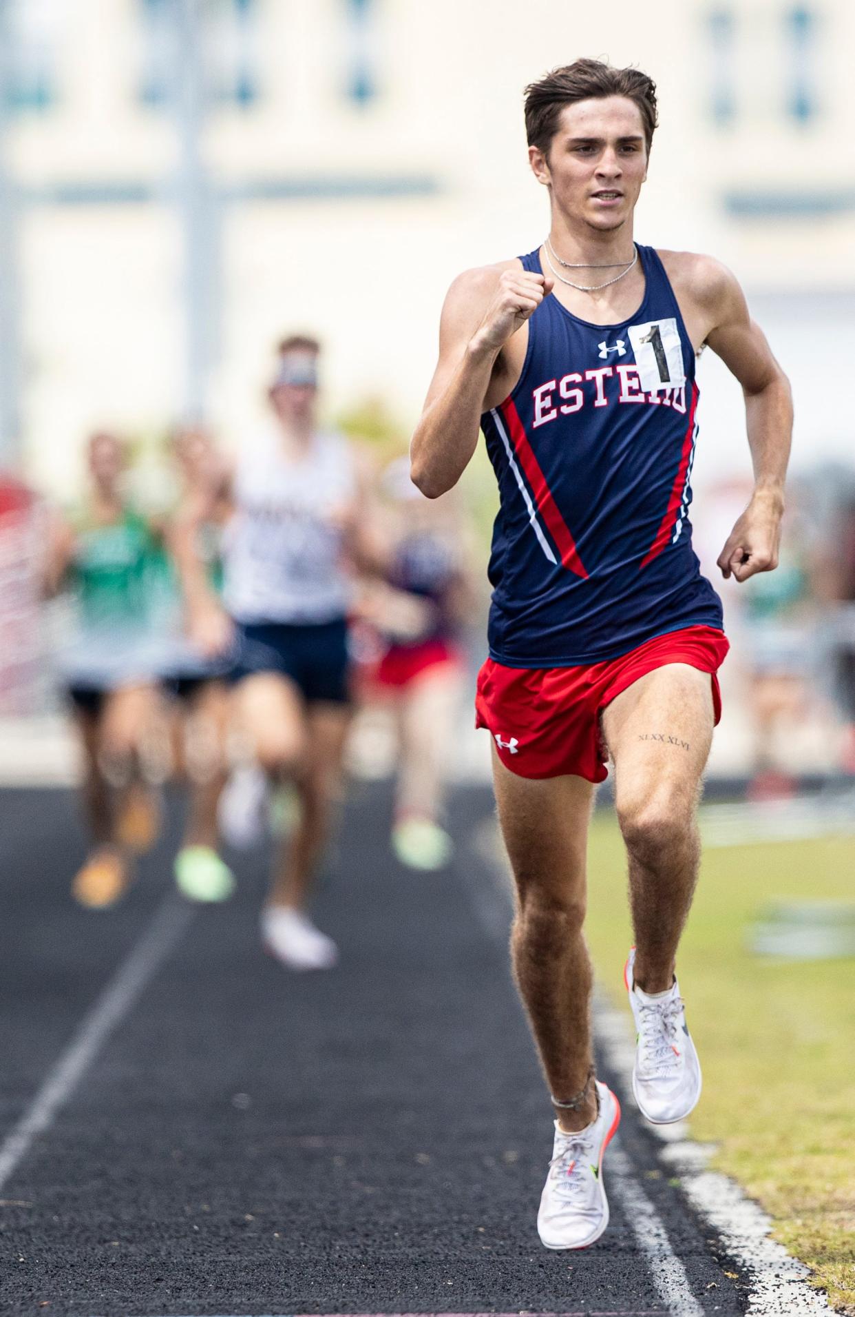 EsteroÕs Kolton Pickard wins the 800 at the FHSAA Class 3A District-12 track and field meet at South Fort Myers High School on Saturday, April 23, 2022. 