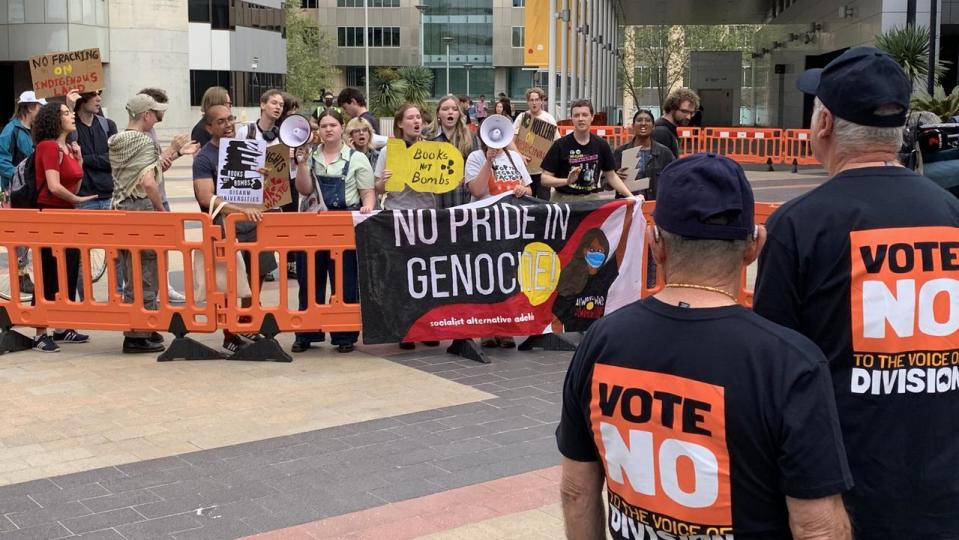 Protesters rally against the No campaign outside the Adelaide Convention Centre. Picture: Duncan Evans