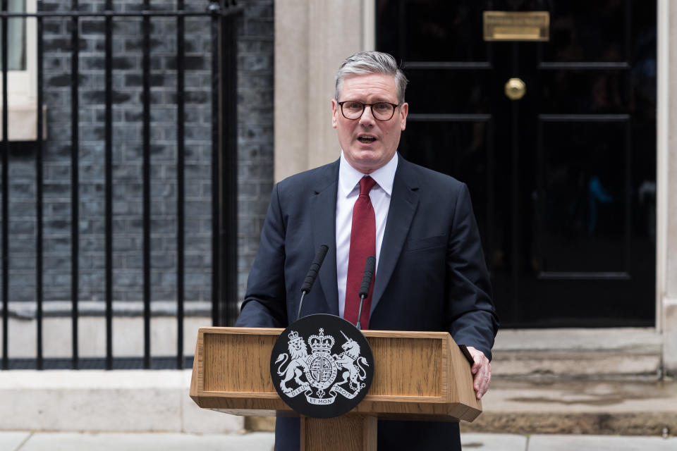 LONDON, UNITED KINGDOM - JULY 05: Leader of the Labour Party Sir Keir Starmer makes his first speech outside 10 Downing Street after being appointed Britain's 58th prime minister following a landslide general election victory in London, United Kingdom on July 05, 2024. (Photo by Wiktor Szymanowicz/Anadolu via Getty Images)