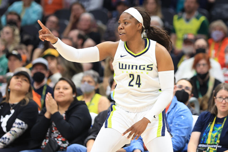 She sees Dallas Wings guard, Ariki Ogunboal, build her team toward a watershed point.  (Abe Bar/Getty Images)