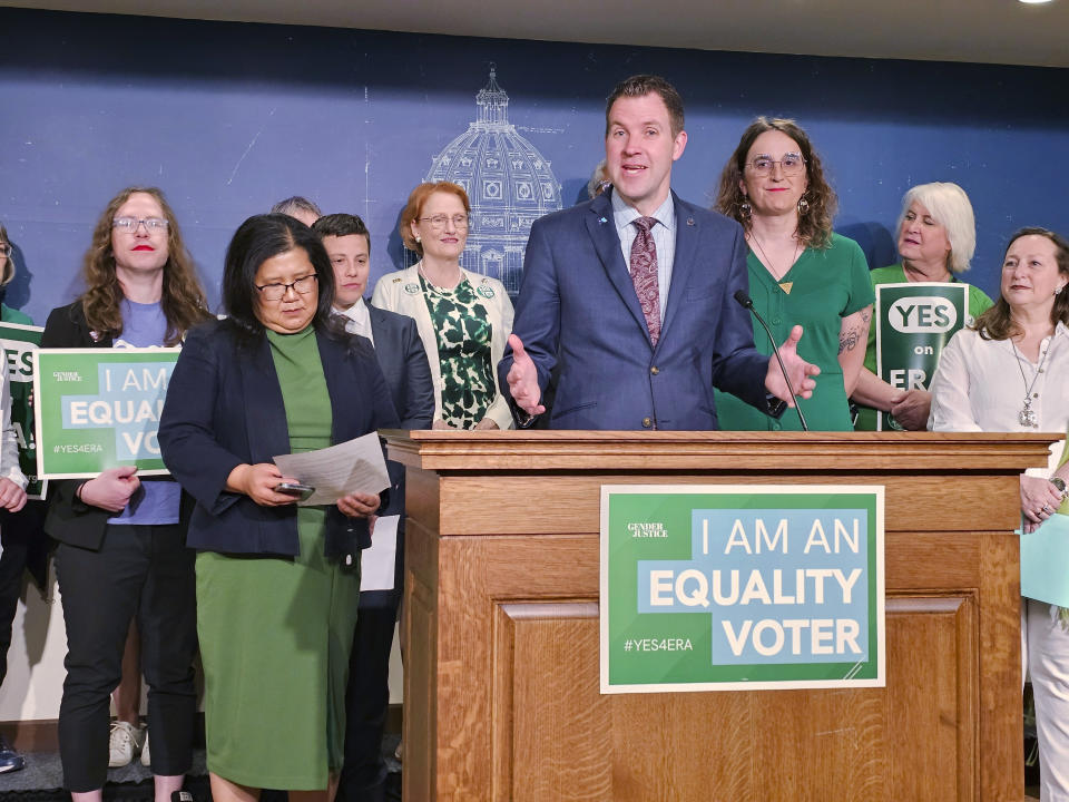 Democratic Minnesota House Majority Leader Jamie Long, of Minneapolis, speaks at a news conference Monday, May 13, 2024 at the State Capitol in St. Paul ahead of crucial votes on a proposed state Equal Rights Amendment that incudes far-reaching protections for abortion and LGBTQ+ rights. (AP Photo/Steve Karnowski)