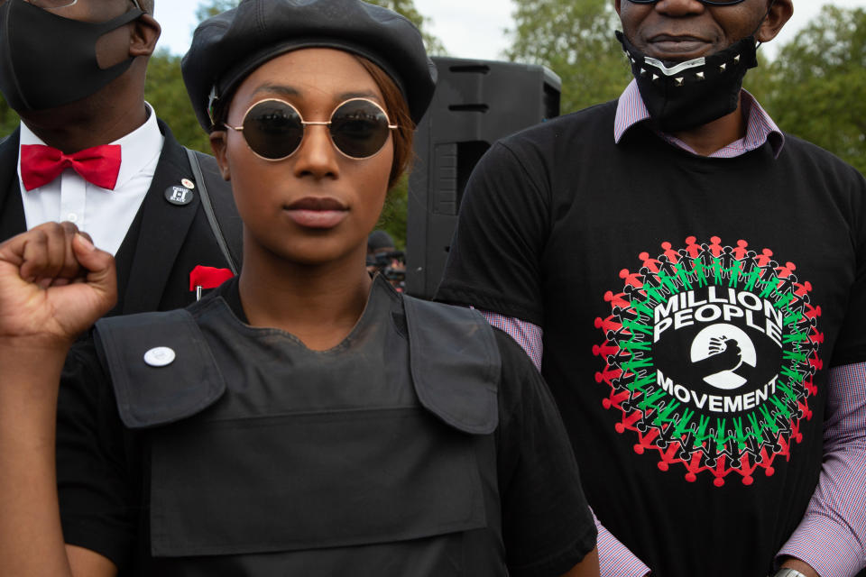  Sasha Johnson Co-organiser of the Million People March and Black Lives Matter activist takes part during the demonstration.
Organisers say the Million People march is intended to revive the original spirit of the carnival, which began as an attempt to resolve racial tensions in the capital. (Photo by Thabo Jaiyesimi / SOPA Images/Sipa USA) 