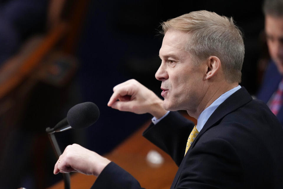 Rep. Jim Jordan, R-Ohio, nominates Rep. Kevin McCarthy, R-Calif., for House Speaker ahead of a second round of voting during opening day of the 118th Congress at the U.S. Capitol, Tuesday, Jan 3, 2023, in Washington. (AP Photo/Andrew Harnik)