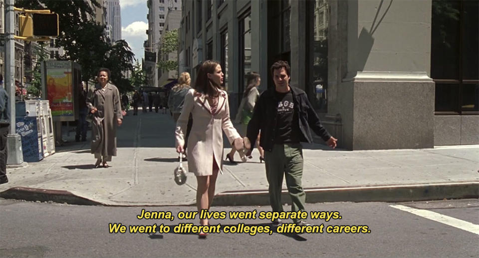 Jennifer Garner as Jenna and Mark Ruffalo as Matty walk-and-talk in New York City in "13 Going on 30"