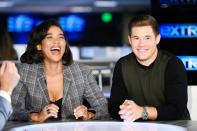 <span>Costars Alexandra Shipp and Adam DeVine chat about their new film </span><i><span>Jexi</span></i><span> during a visit to </span><i><span>Extra</span></i><span> at Burbank Studios on Tuesday in Burbank, California.</span>