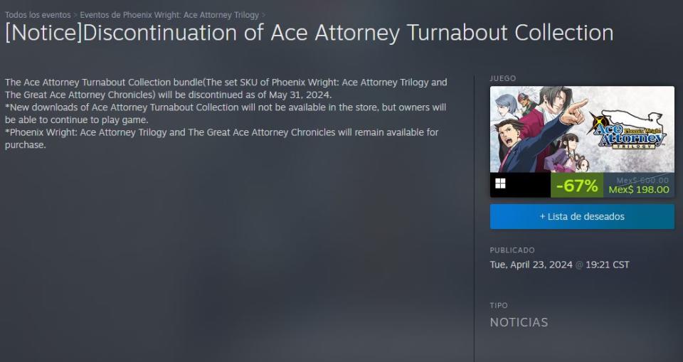 La Ace Attorney Turnabout Collection tiene los días contados en Steam