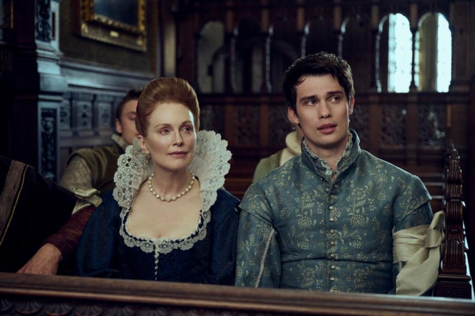 Julianne Moore as Mary and Nicholas Galitzine as George, a mother and son who conspire to have George seduce King James I for power. Rory Mulvey