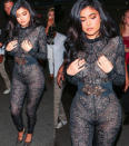<p>To celebrate her 19th birthday, Kylie squeezed herself into a skintight patterned catsuit, which left little to the imagination. <i>[Photo: Kylie Jenner/ Instagram]</i></p>