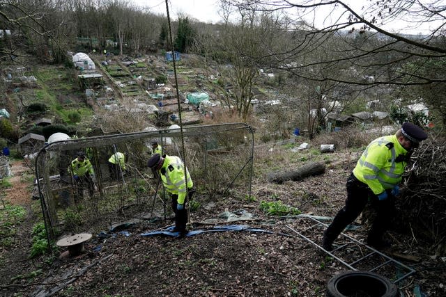 Police search teams in Roedale Valley allotments, Brighton, where an urgent search operation is under way to find the missing baby of Constance Marten