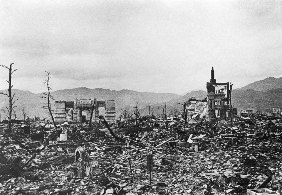 <span class="caption">Hiroshima’s city center after the explosion of an atomic bomb on Aug. 6, 1945.</span> <span class="attribution"><a class="link " href="https://www.gettyimages.com/detail/news-photo/hiroshima-photograph-exhibited-at-atomac-bomb-museum-shows-news-photo/948324834?adppopup=true" rel="nofollow noopener" target="_blank" data-ylk="slk:Paolo KOCH/Gamma-Rapho via Getty Images;elm:context_link;itc:0;sec:content-canvas">Paolo KOCH/Gamma-Rapho via Getty Images</a></span>