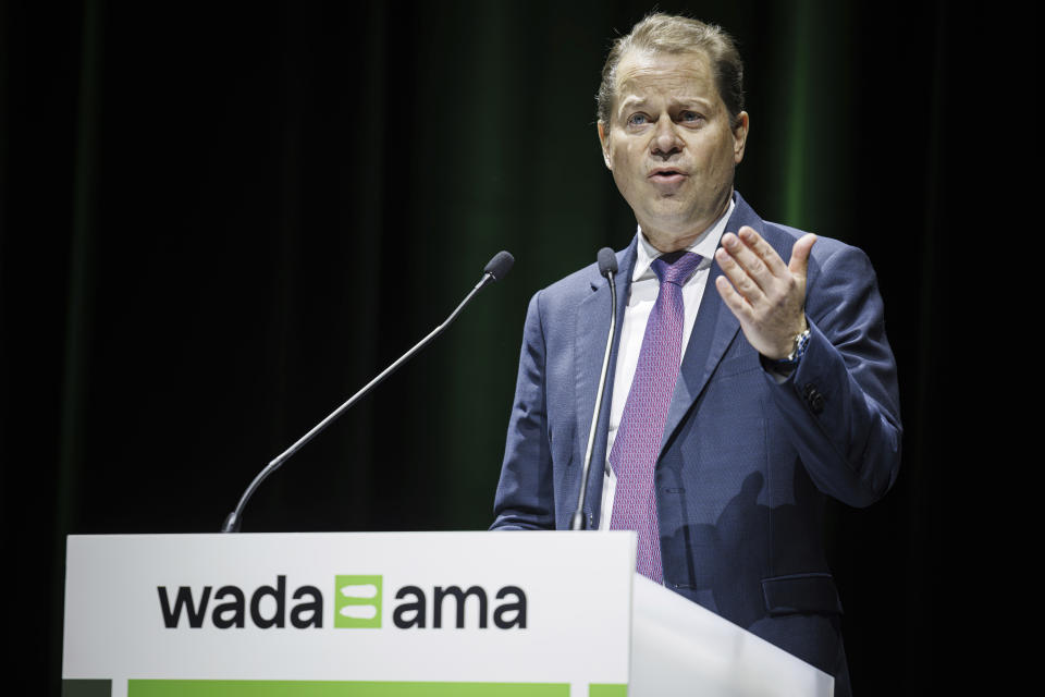 Director General of World Anti-Doping Agency (WADA) Olivier Niggli from Switzerland speaks during the opening of the WADA Symposium for Anti-Doping Organizations at the SwissTech Convention Center in Lausanne, Switzerland, Tuesday, March 12, 2024. (Valentin Flauraud/Keystone via AP)