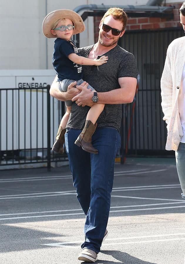 Chris looked happy and relaxed while with his son Jack leaving a church service. Source: Backgrid