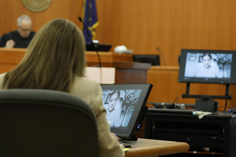 Dr. Alina Fong, testifies on video for the plaintiff, Terry Sanderson in court on Thursday, March 23, 2023, in Park City, Utah. Sanderson is suing Paltrow for $300,000, claiming she recklessly crashed into him while the two were skiing on a beginner run at Deer Valley Resort in Park City, Utah in 2016. (AP Photo/Jeff Swinger, Pool)