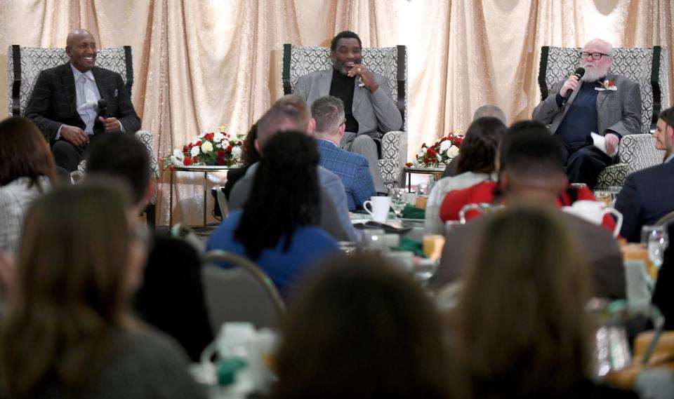 A panel discussion with James "Shack" Harris, Doug Williams and Joe Horrigan during the Greater Canton Martin Luther King Jr. Commission's 30th annual Mayors' Breakfast.