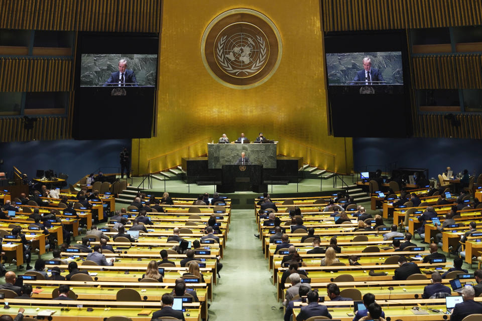European Union Ambassador Olof Skoog addresses the emergency session of the United Nations General Assembly, Monday, Feb. 28, 2022. (AP Photo/Seth Wenig)