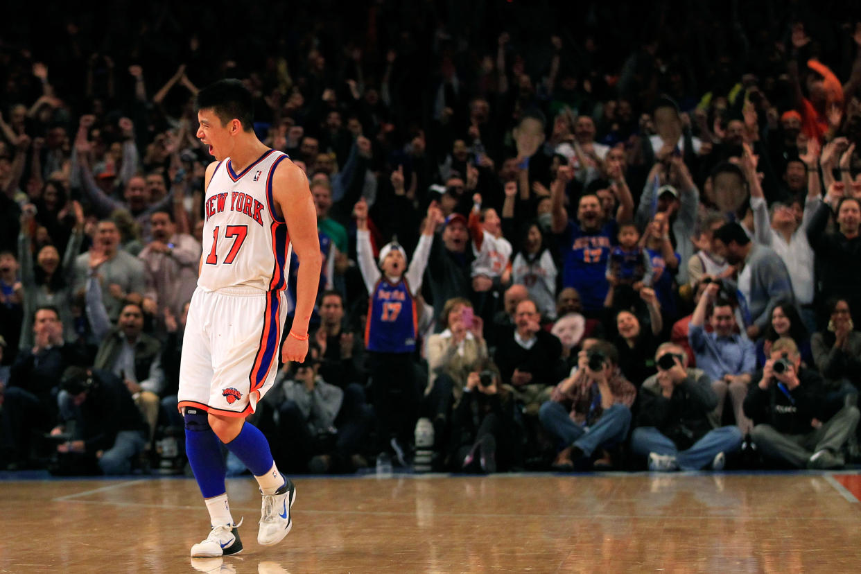 NEW YORK, NY - FEBRUARY 19:  Jeremy Lin #17 of the New York Knicks reacts after shooting a three pointer against the Dallas Mavericks at Madison Square Garden on February 19, 2012 in New York City. NOTE TO USER: User expressly acknowledges and agrees that, by downloading and/or using this Photograph, user is consenting to the terms and conditions of the Getty Images License Agreement.  (Photo by Chris Trotman/Getty Images)