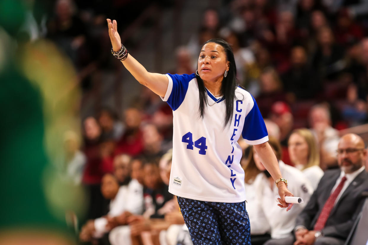 South Carolina head coach Dawn Staley wears a Cheyney University jersey during the Gamecocks' second-round NCAA women's tournament win over South Florida on March 19, 2023, in Columbia, South Carolina. (Jeff Blake/USA TODAY Sports)