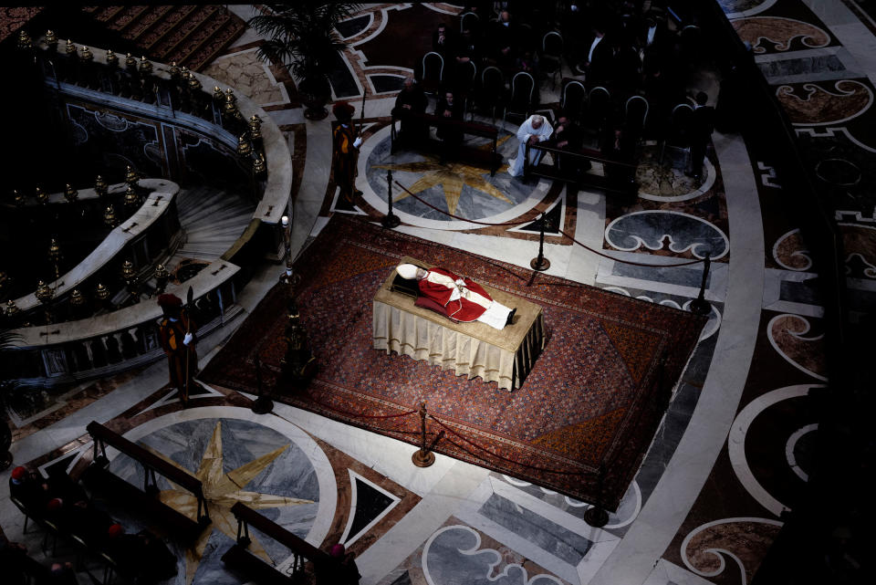 The body of Pope Emeritus Benedict XVI lies in state at St. Peter’s Basilica on Jan. 4, 2023 in Vatican City.<span class="copyright">Massimo Valicchia—NurPhoto/Getty Images</span>