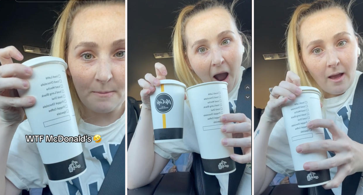 Video stills showing Perth mum Tayla discovering the medium iced coffee inside an extra large iced coffee cup from McDonald's. 