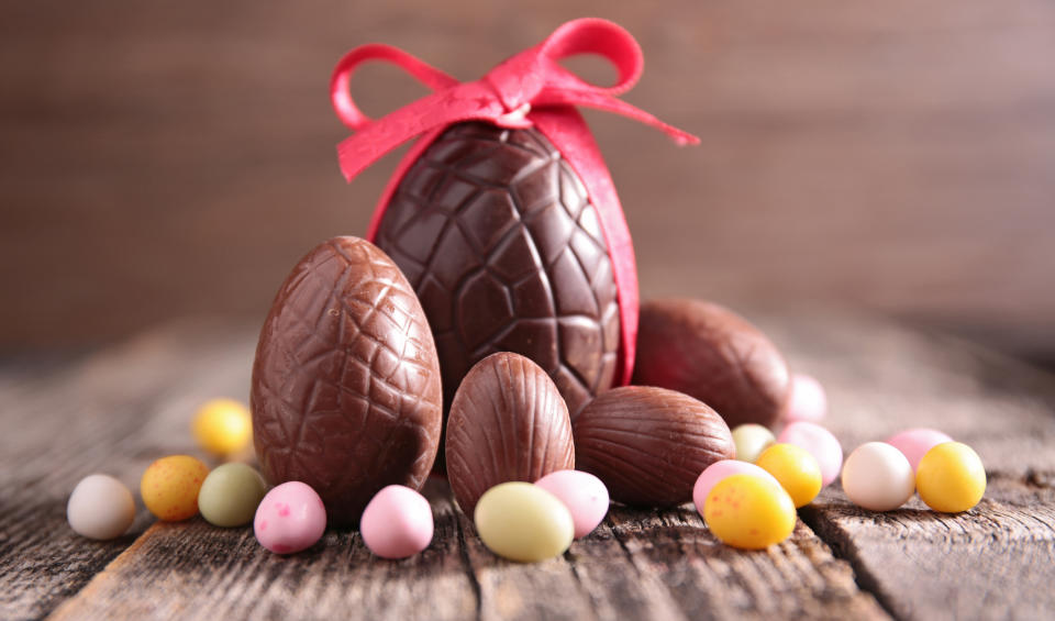 Unwrapped chocolate Easter eggs. 